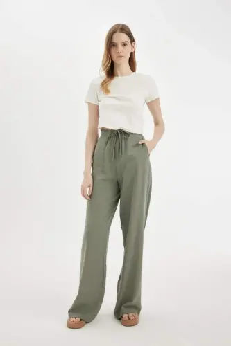 Linen Blend Palazzo Pants Wide Leg Loose Fit Three Pockets Regular Waist Basic Plain Standard Length-Khaki - DEFACTO (1)
