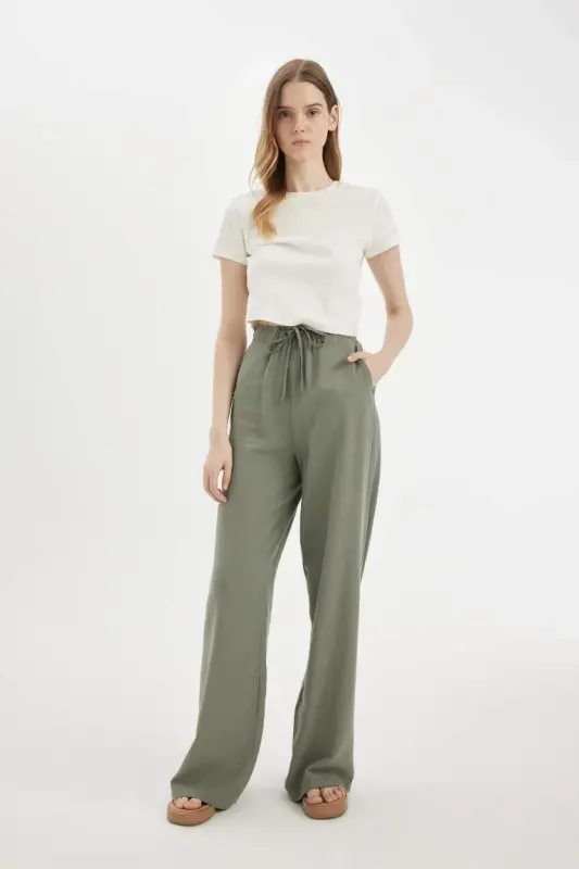 Linen Blend Palazzo Pants Wide Leg Loose Fit Three Pockets Regular Waist Basic Plain Standard Length-Khaki - 2