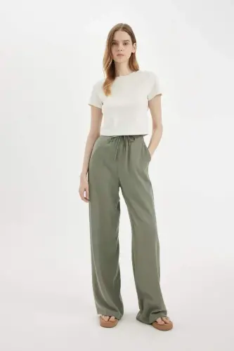 Linen Blend Palazzo Pants Wide Leg Loose Fit Three Pockets Regular Waist Basic Plain Standard Length-Khaki - 3