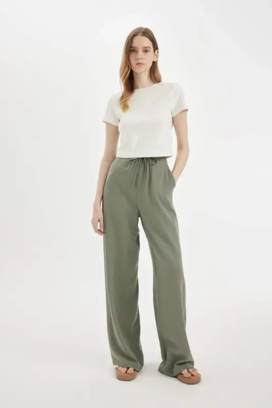Linen Blend Palazzo Pants Wide Leg Loose Fit Three Pockets Regular Waist Basic Plain Standard Length-Khaki - 3