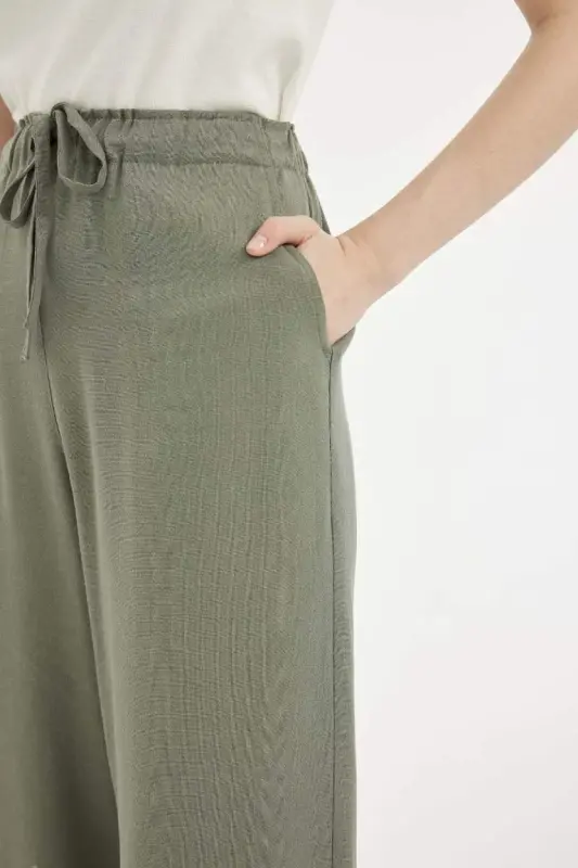 Linen Blend Palazzo Pants Wide Leg Loose Fit Three Pockets Regular Waist Basic Plain Standard Length-Khaki - 5