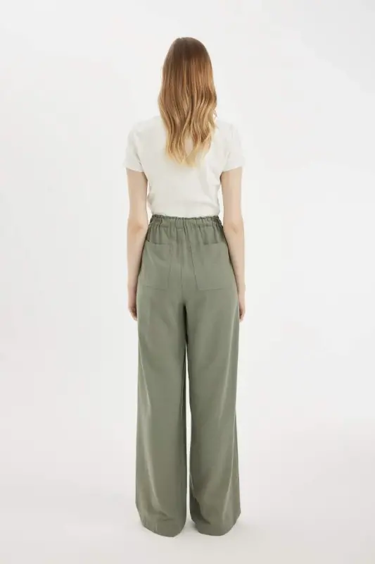 Linen Blend Palazzo Pants Wide Leg Loose Fit Three Pockets Regular Waist Basic Plain Standard Length-Khaki - 7