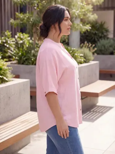 Linen Blend Plus Size Women's Shirt with Cufflink Detail Pink - 1