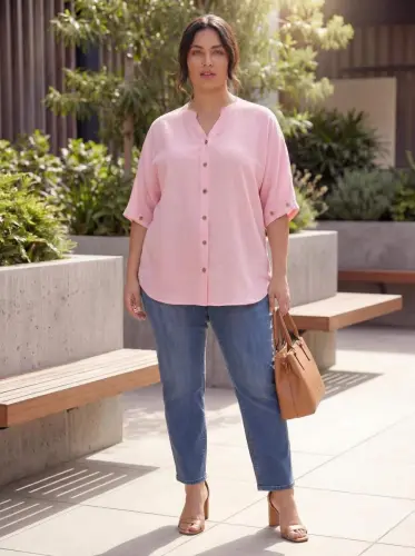 Linen Blend Plus Size Women's Shirt with Cufflink Detail Pink - 3