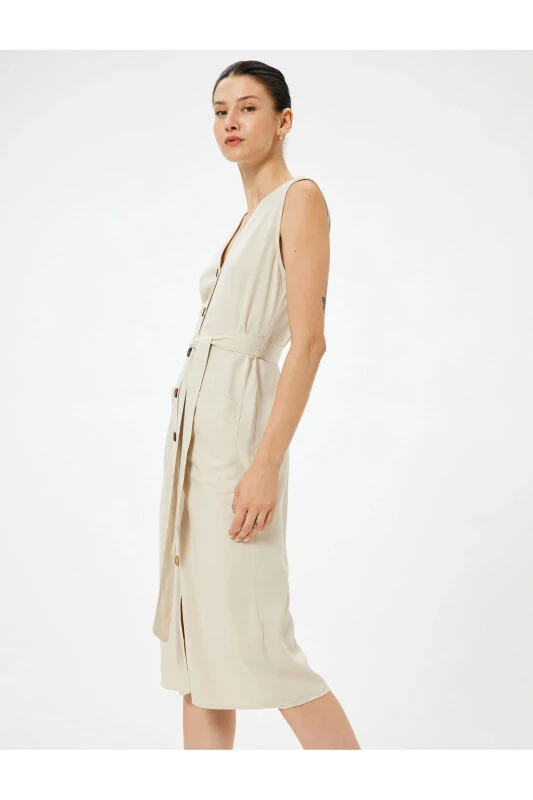 Linen Blend Shirt Dress Midi Sleeveless Belted Detailed With Pockets - KOTON