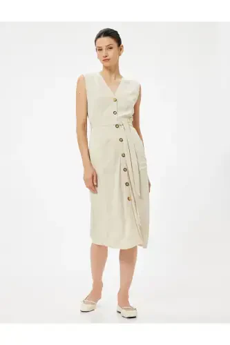 Linen Blend Shirt Dress Midi Sleeveless Belted Detailed With Pockets - KOTON (1)
