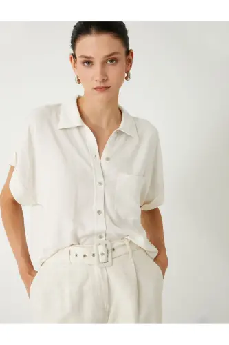 Linen Blend Shirt Short Sleeve Single Pocket Detail - 1