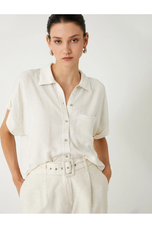 Linen Blend Shirt Short Sleeve Single Pocket Detail - 1