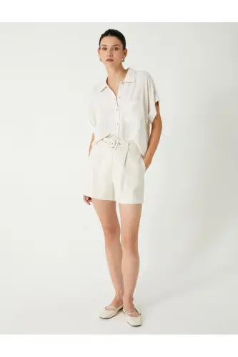 Linen Blend Shirt Short Sleeve Single Pocket Detail - 2