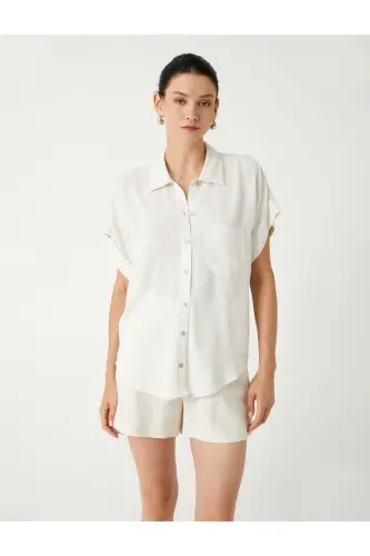 Linen Blend Shirt Short Sleeve Single Pocket Detail - 3