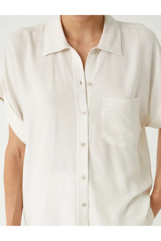 Linen Blend Shirt Short Sleeve Single Pocket Detail - 5