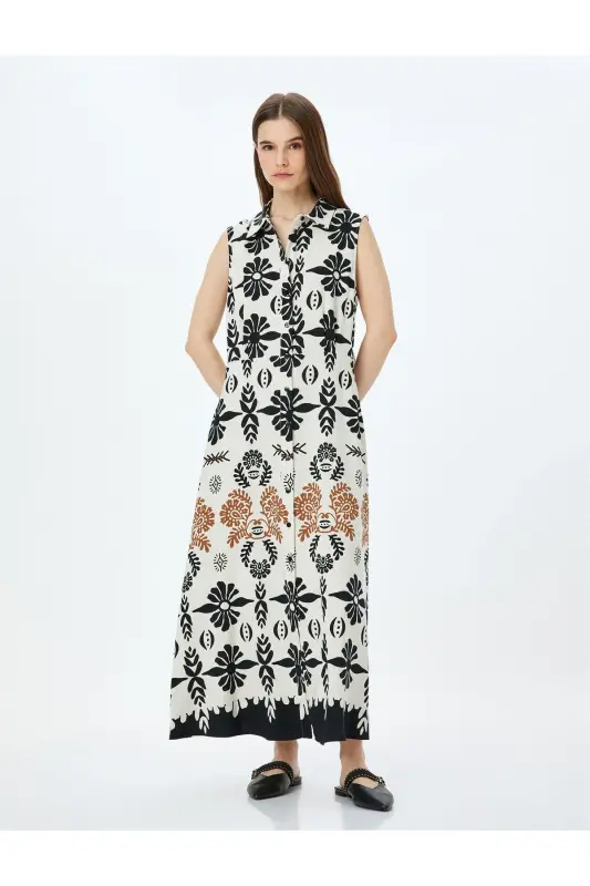 Linen Blend Sleeveless Ethnic Patterned Long Shirt Dress - KOTON