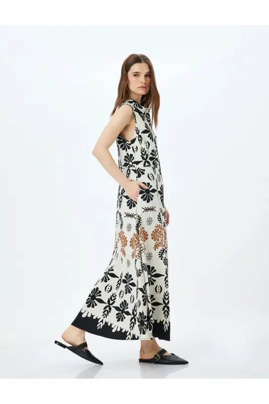 Linen Blend Sleeveless Ethnic Patterned Long Shirt Dress - 2