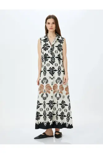 Linen Blend Sleeveless Ethnic Patterned Long Shirt Dress - 3