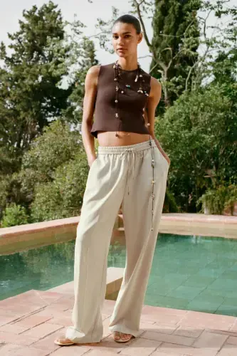 LINEN BLEND STRAIGHT LEG PANTS-Light beige - 1