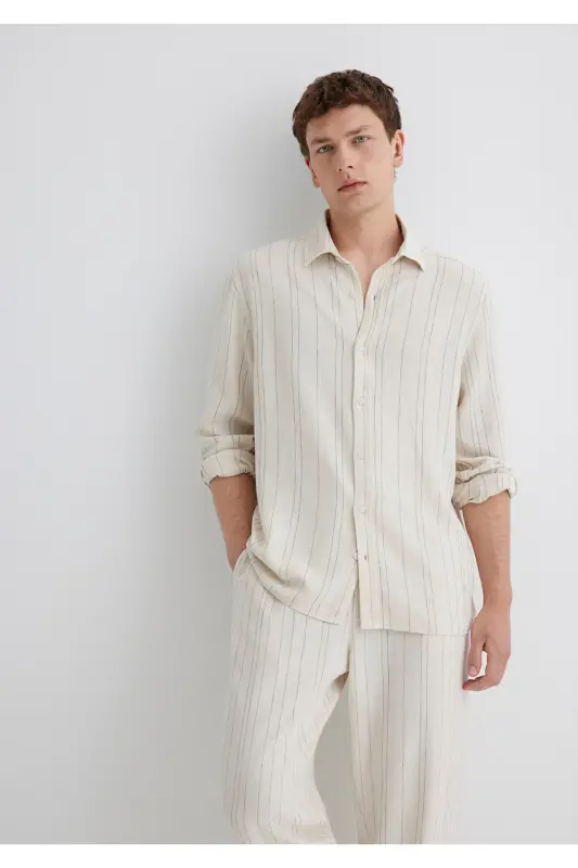 Linen Blend Striped Beige Regular Fit Shirt / N - MAVI