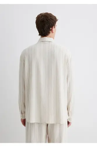 Linen Blend Striped Beige Regular Fit Shirt / N - 4