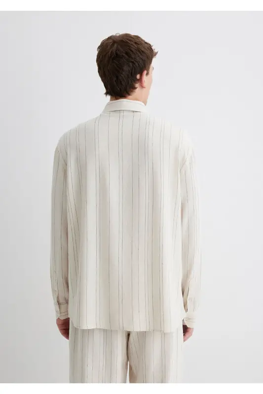 Linen Blend Striped Beige Regular Fit Shirt / N - 4