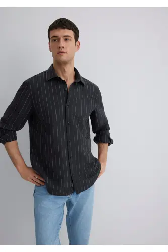 Linen Blend Striped Black Regular Fit Shirt - 1