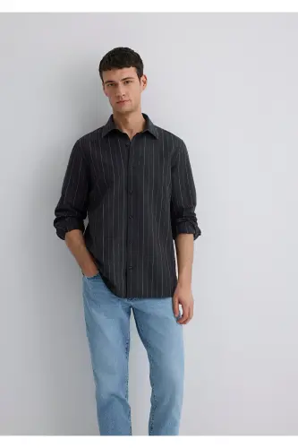 Linen Blend Striped Black Regular Fit Shirt - MAVI (1)