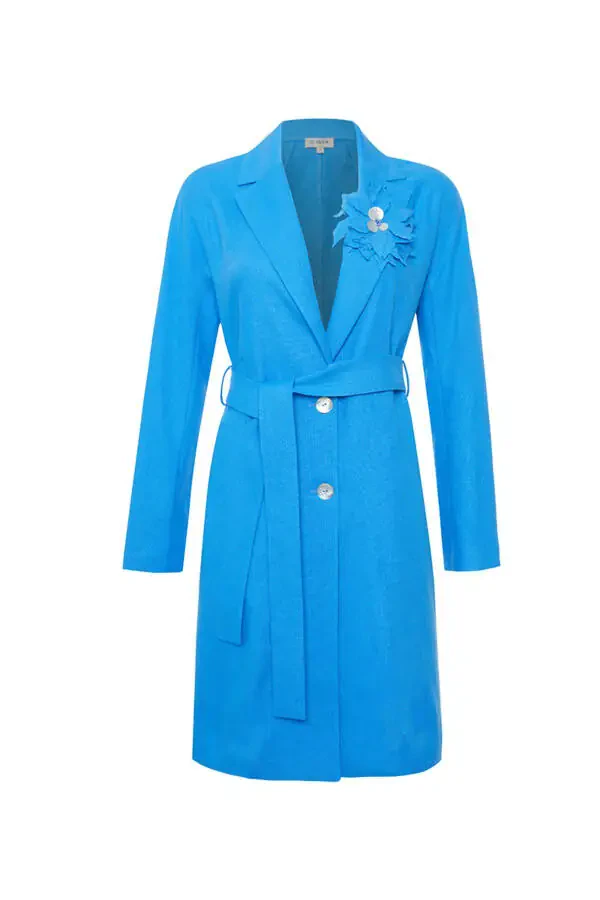 Linen Coat with Flower Brooch - 1