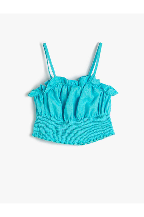 Linen crop top, with straps, frills and ruched details. - 5