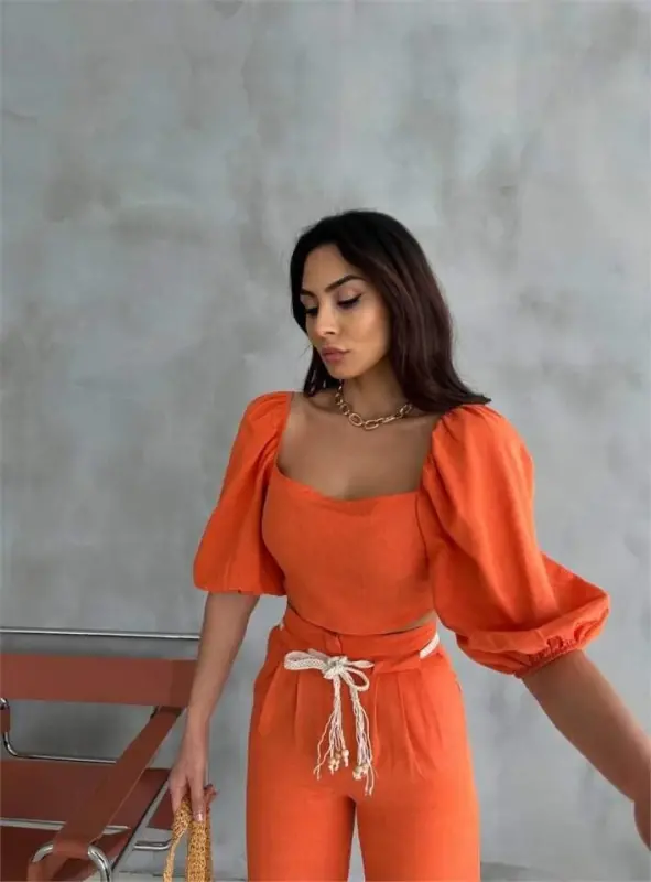 LINEN CROP WATERMELON SLEEVE BLOUSE-TROUSERS WITH STRAW BELT - Orange - 2