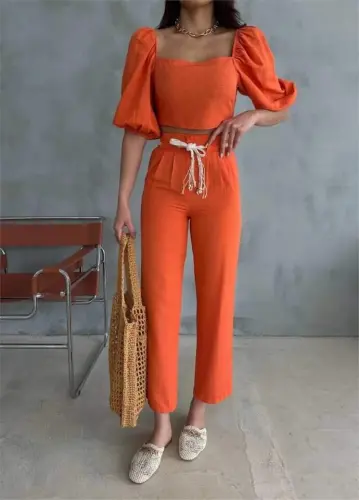 LINEN CROP WATERMELON SLEEVE BLOUSE-TROUSERS WITH STRAW BELT - Orange - 3