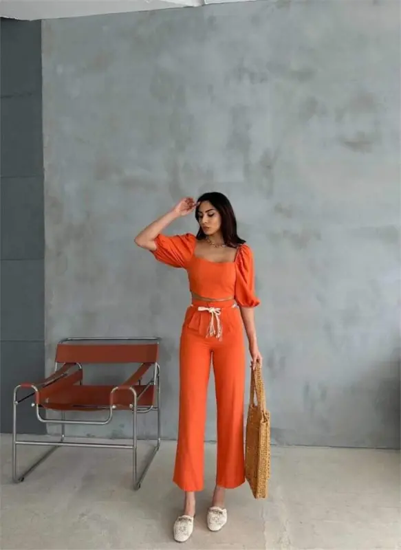 LINEN CROP WATERMELON SLEEVE BLOUSE-TROUSERS WITH STRAW BELT - Orange - 1