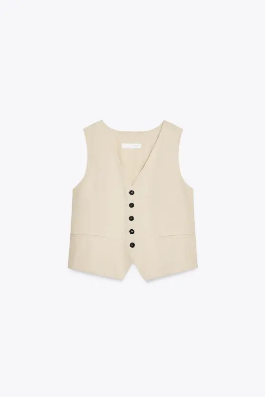LINEN DETAIL TAILORED VEST-Light beige - 2