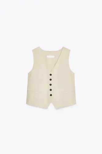 LINEN DETAIL TAILORED VEST-Light beige - 3