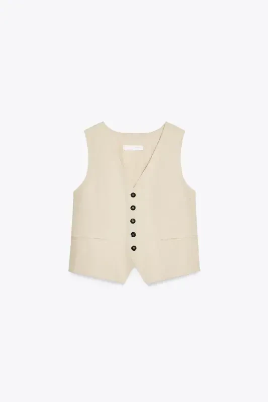 LINEN DETAIL TAILORED VEST-Light beige - 3