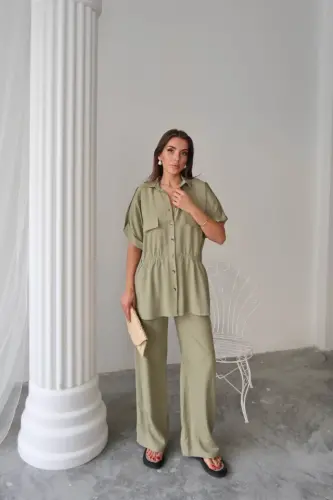LINEN DRAWSTRING WAIST DETAIL SHIRT - PANTS SUIT - Green - 2