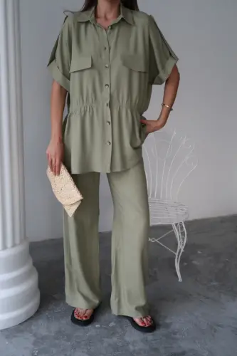 LINEN DRAWSTRING WAIST DETAIL SHIRT - PANTS SUIT - Green - 3