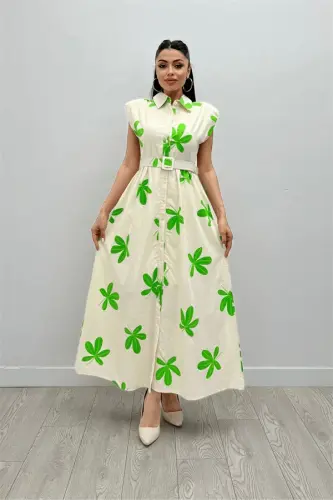 Linen Fabric Button Detailed Dress - GREEN - 1