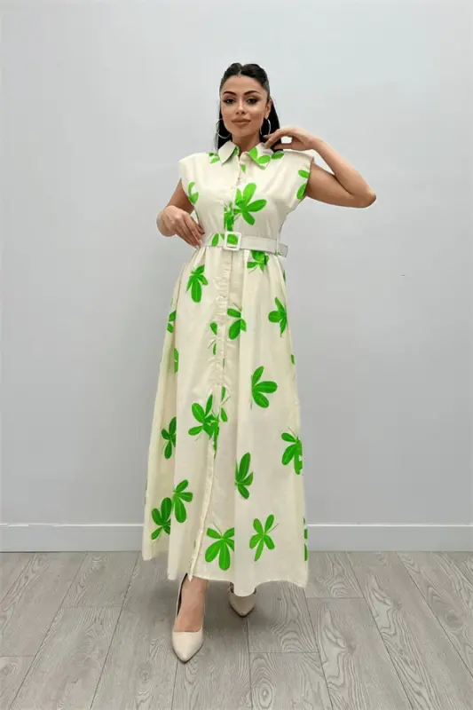 Linen Fabric Button Detailed Dress - GREEN - 2