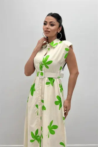 Linen Fabric Button Detailed Dress - GREEN - 3