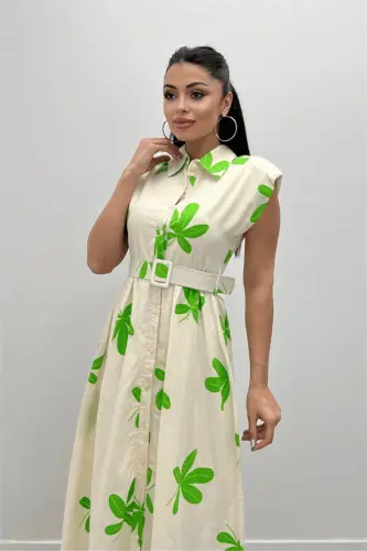 Linen Fabric Button Detailed Dress - GREEN - 4