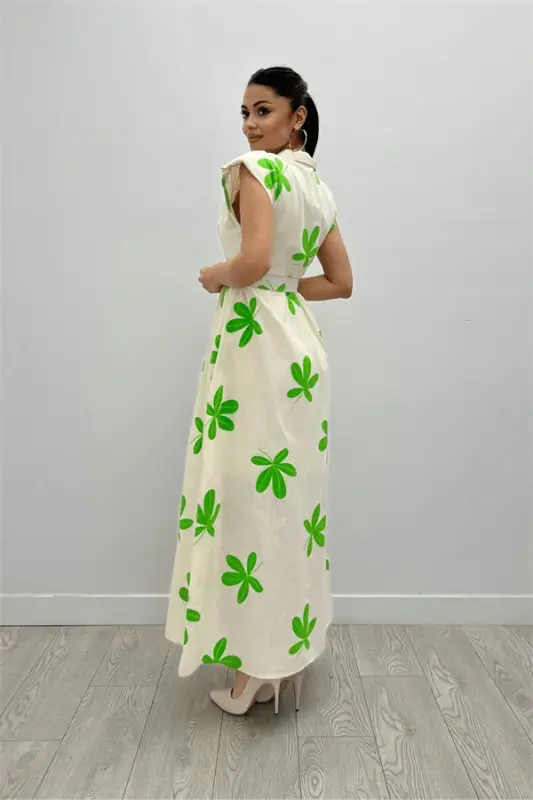 Linen Fabric Button Detailed Dress - GREEN - 5