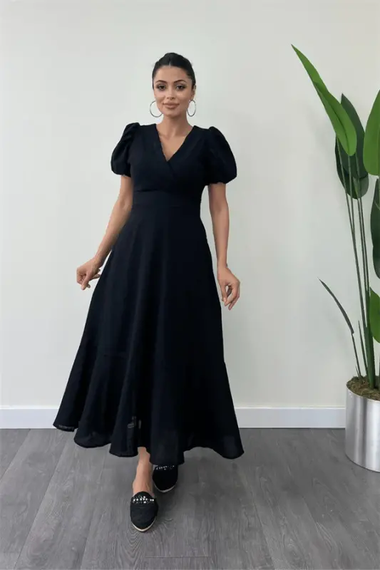 Linen Fabric Crossover Collar Midi Dress - BLACK - 1