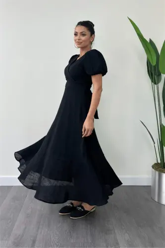 Linen Fabric Crossover Collar Midi Dress - BLACK - 2