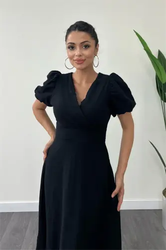 Linen Fabric Crossover Collar Midi Dress - BLACK - 4