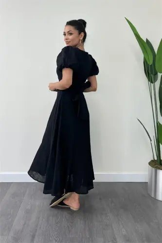 Linen Fabric Crossover Collar Midi Dress - BLACK - 5