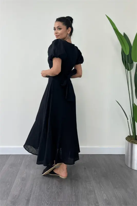 Linen Fabric Crossover Collar Midi Dress - BLACK - 5