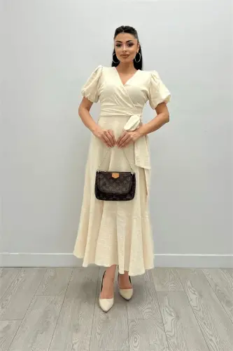 Linen Fabric Crossover Collar Midi Dress - CREAM - 1