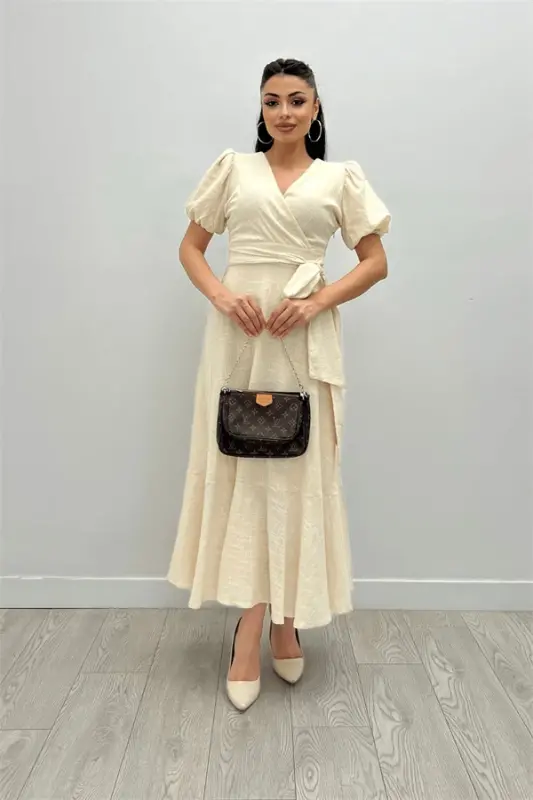 Linen Fabric Crossover Collar Midi Dress - CREAM - 1