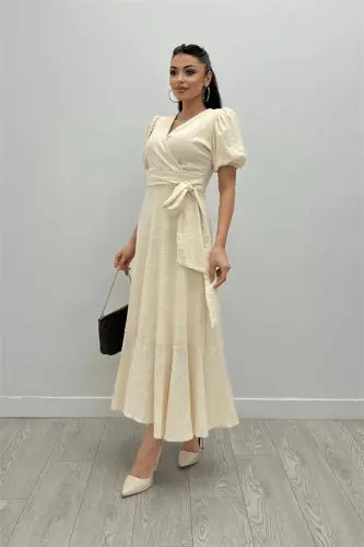 Linen Fabric Crossover Collar Midi Dress - CREAM - BÜYÜKBEDENIZ (1)