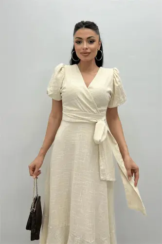 Linen Fabric Crossover Collar Midi Dress - CREAM - 3
