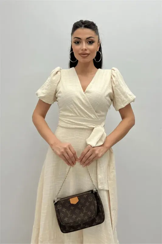 Linen Fabric Crossover Collar Midi Dress - CREAM - 4