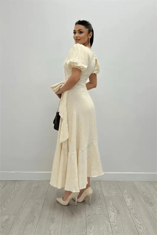 Linen Fabric Crossover Collar Midi Dress - CREAM - 5
